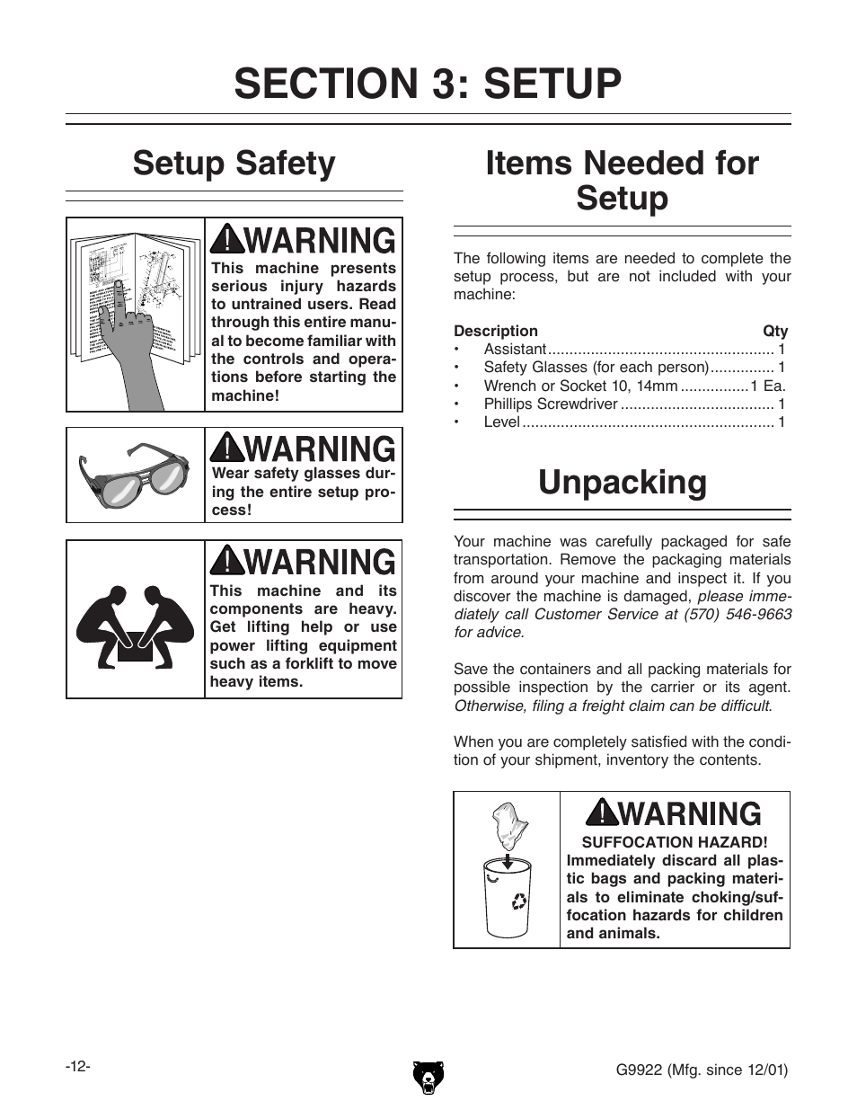 Setup safety, Unpacking, Items needed for setup | Grizzly G9922 User Manual | Page 12 / 36