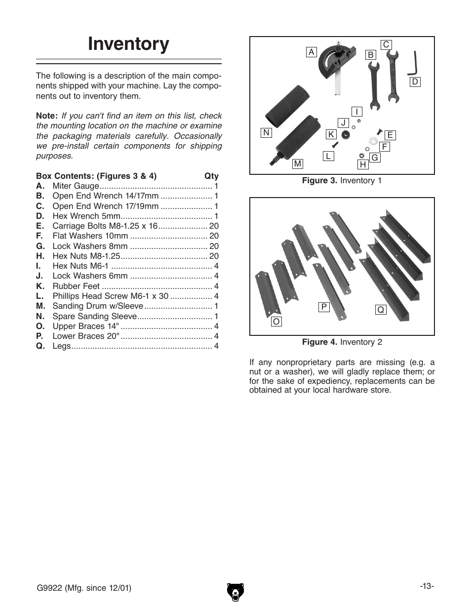 Inventory | Grizzly G9922 User Manual | Page 13 / 36