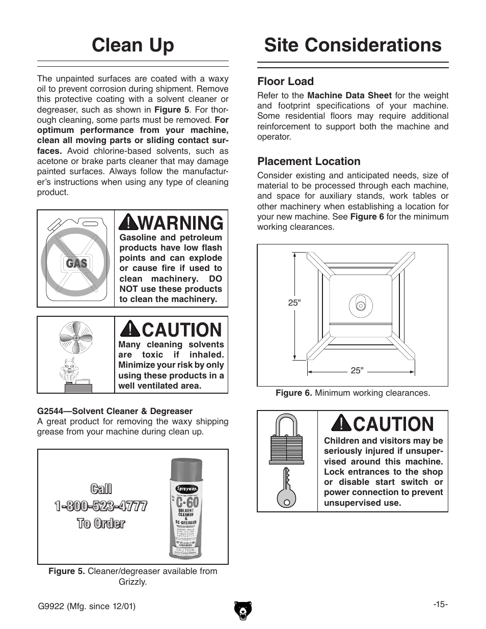 Site considerations, Clean up | Grizzly G9922 User Manual | Page 15 / 36