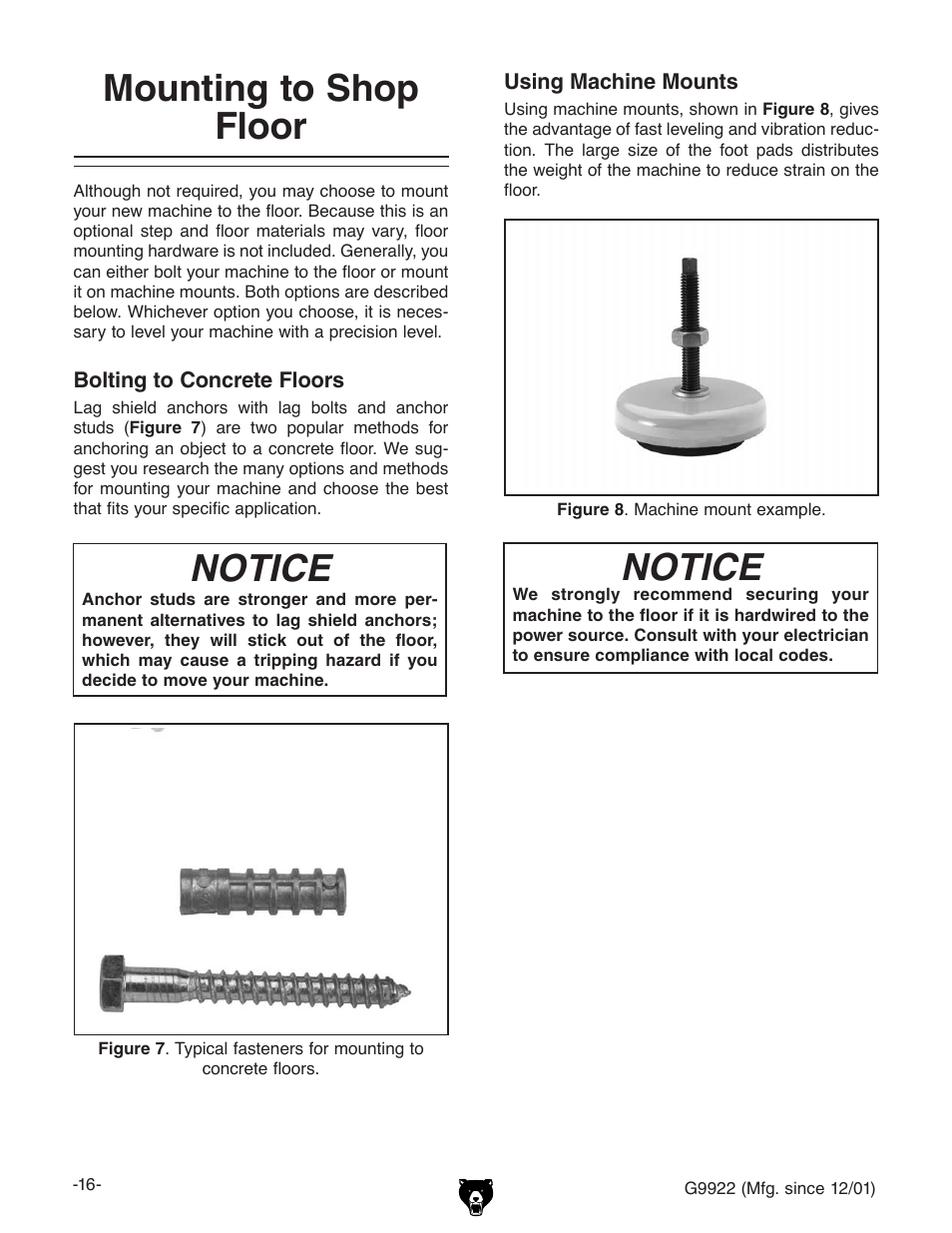 Mounting to shop floor, Notice | Grizzly G9922 User Manual | Page 16 / 36