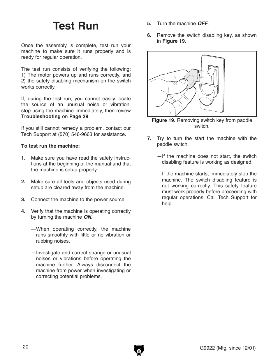 Test run | Grizzly G9922 User Manual | Page 20 / 36