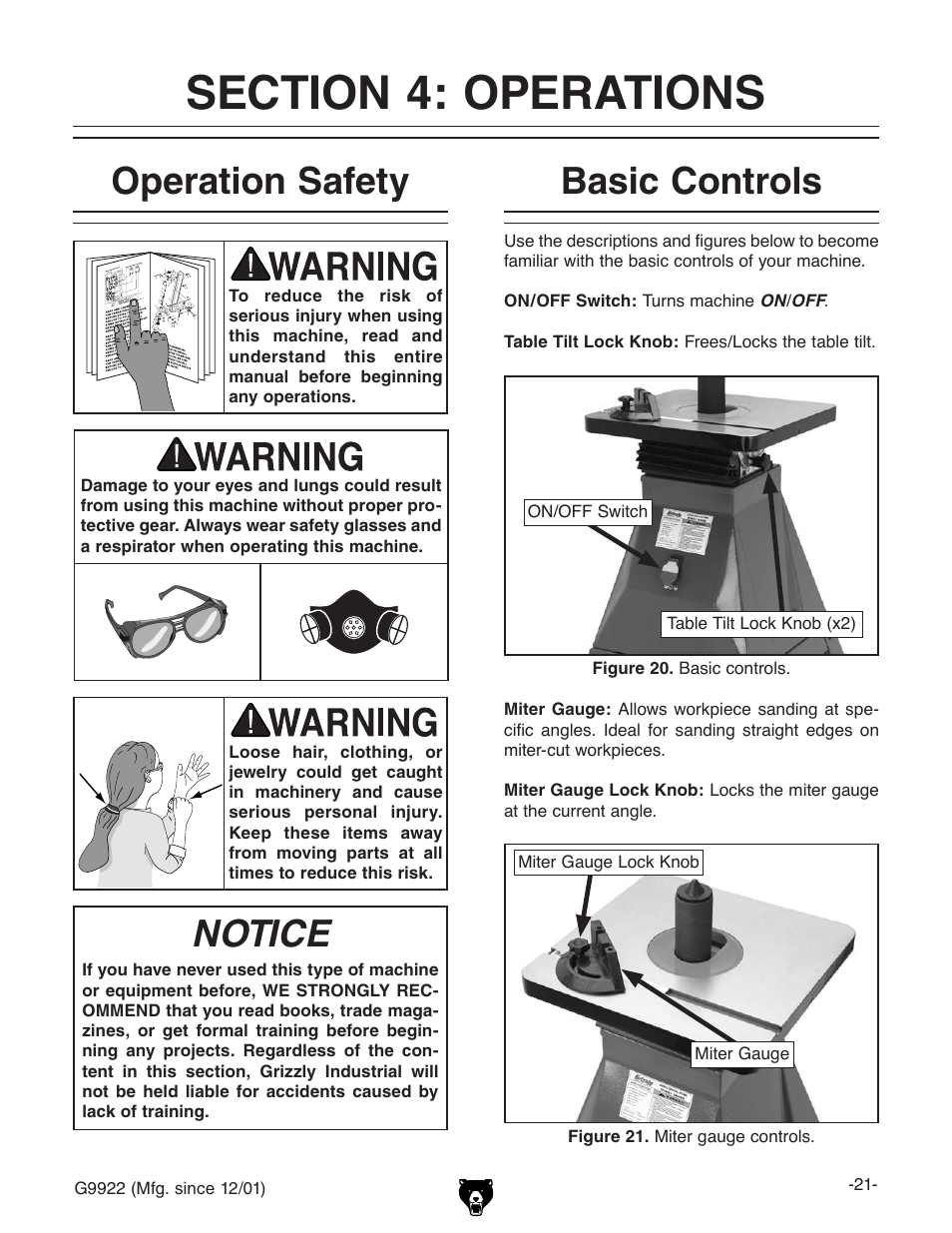 Notice, Operation safety, Basic controls | Grizzly G9922 User Manual | Page 21 / 36