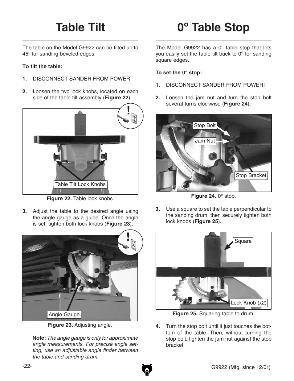 Table tilt, 0º table stop | Grizzly G9922 User Manual | Page 22 / 36