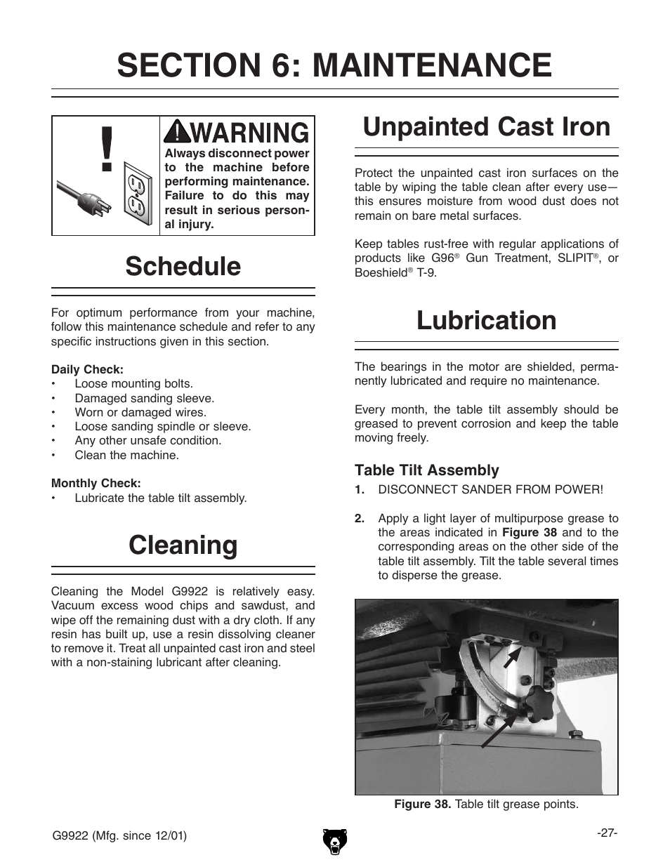 Schedule, Cleaning, Unpainted cast iron | Lubrication | Grizzly G9922 User Manual | Page 27 / 36