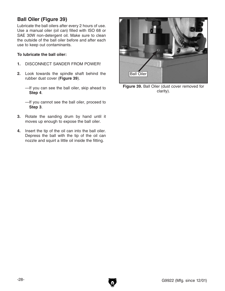 Ball oiler (figure 39) | Grizzly G9922 User Manual | Page 28 / 36