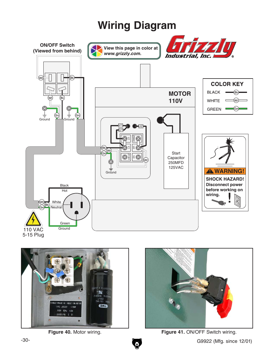 Wiring diagram, Warning, Motor 110v | Grizzly G9922 User Manual | Page 30 / 36