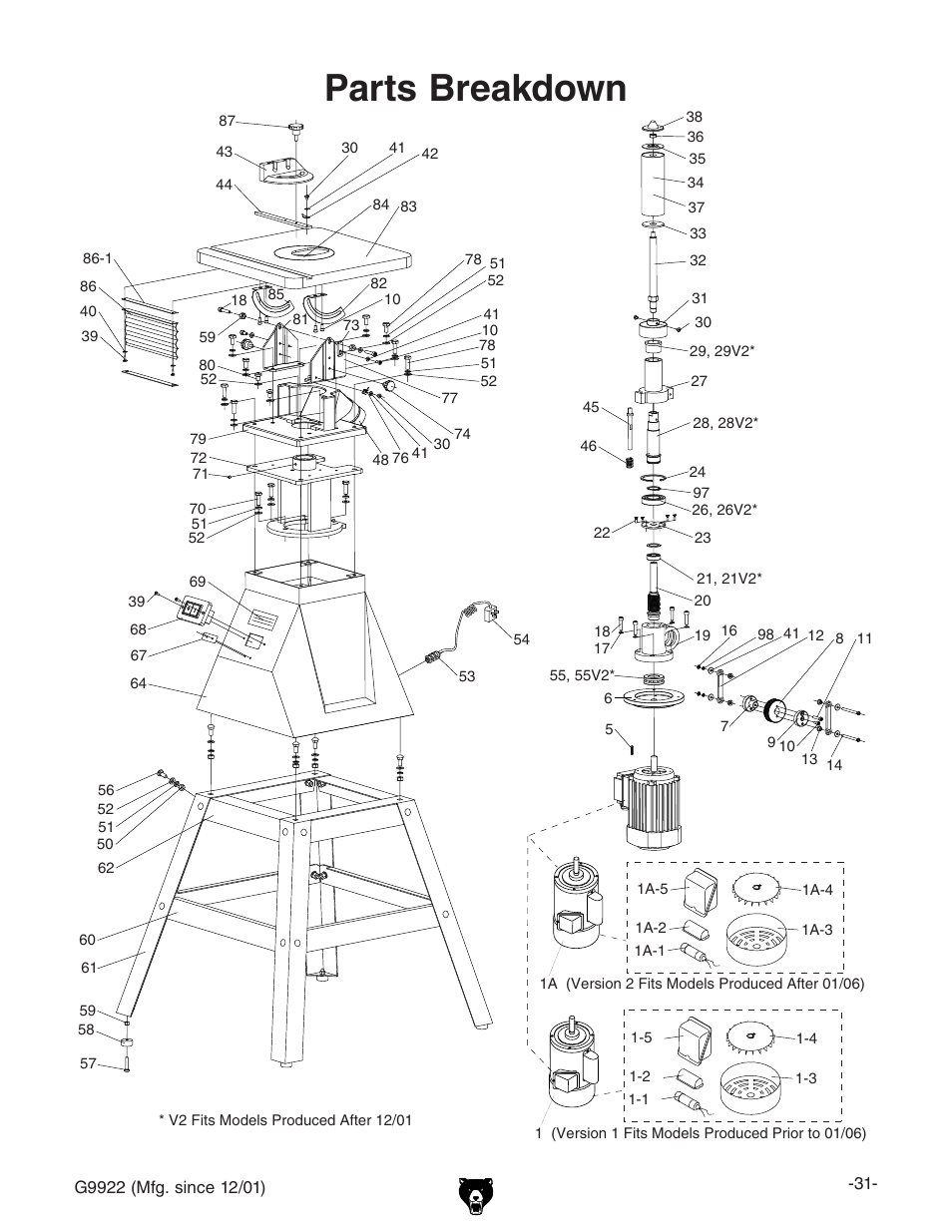 Parts breakdown | Grizzly G9922 User Manual | Page 31 / 36