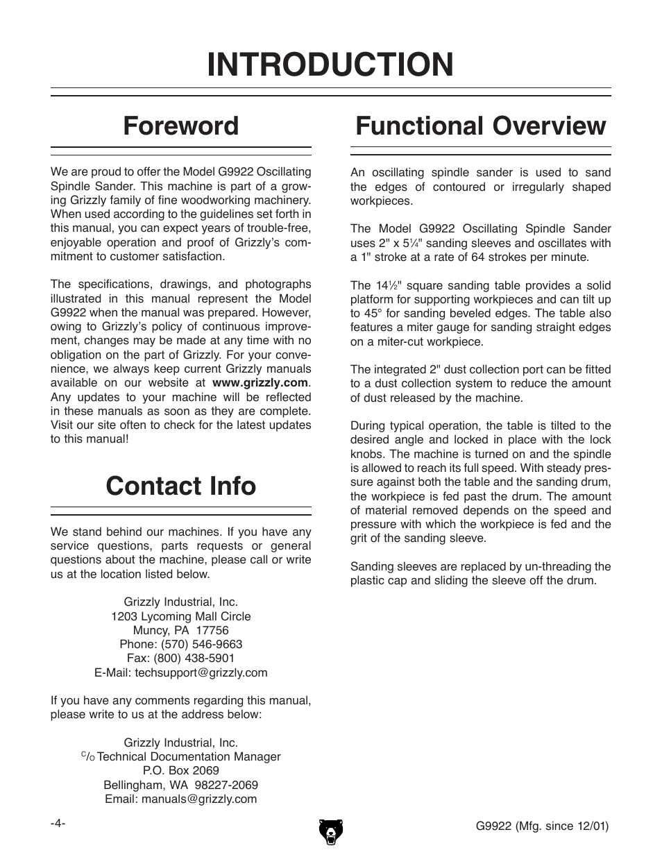 Introduction, Foreword, Contact info | Functional overview | Grizzly G9922 User Manual | Page 4 / 36