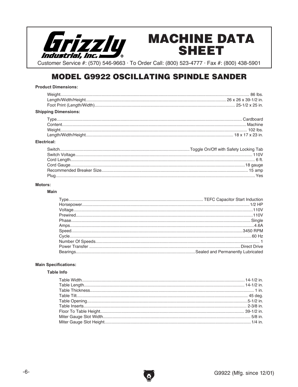 Machine data sheet, Model g9922 oscillating spindle sander | Grizzly G9922 User Manual | Page 6 / 36