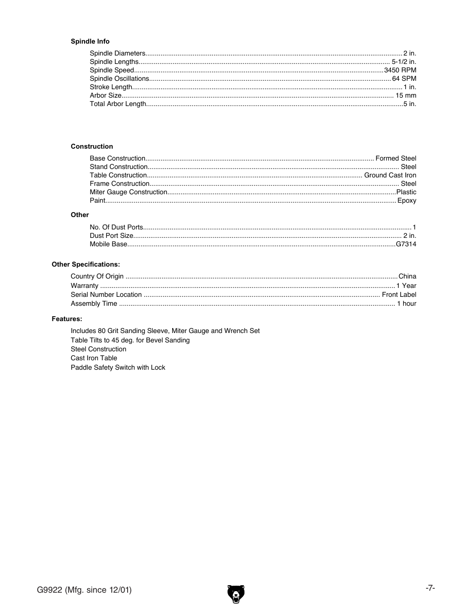 Grizzly G9922 User Manual | Page 7 / 36