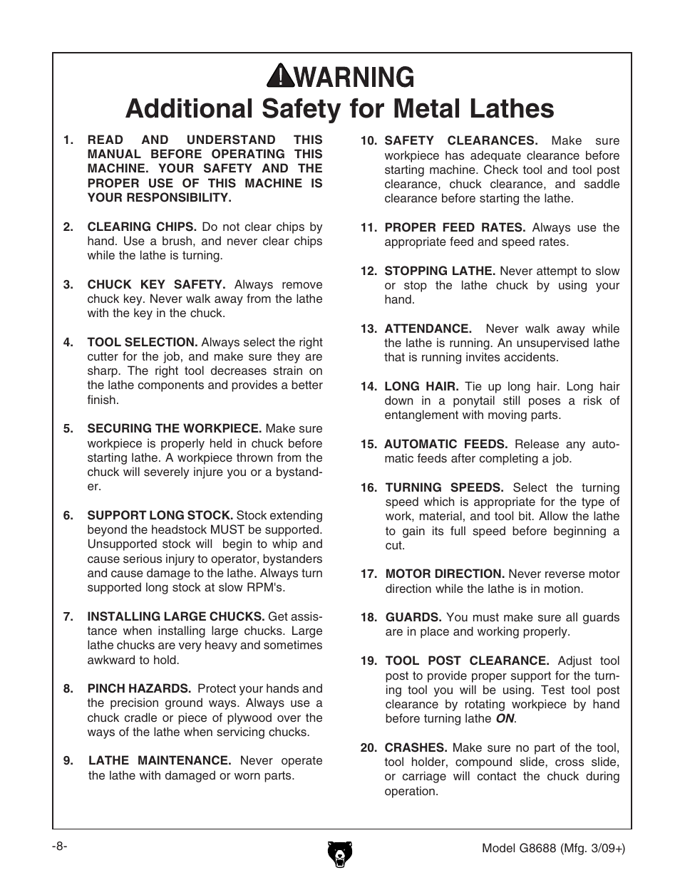 Additional safety for metal lathes | Grizzly G8688 User Manual | Page 10 / 48