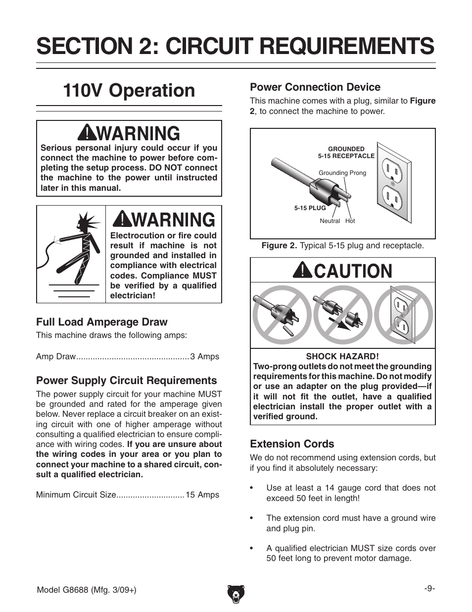 Section 2: circuit requirements, 110v operation | Grizzly G8688 User Manual | Page 11 / 48