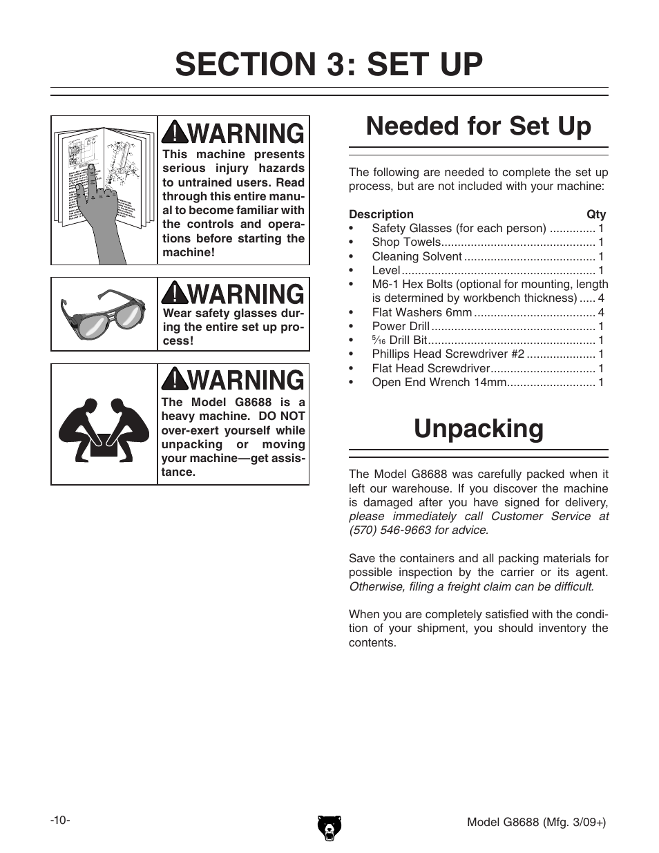 Section 3: set up, Needed for set up unpacking, Unpacking | Needed for set up | Grizzly G8688 User Manual | Page 12 / 48