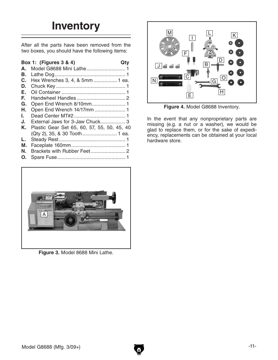 Inventory | Grizzly G8688 User Manual | Page 13 / 48