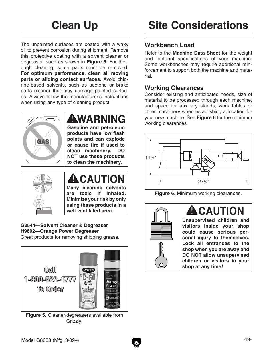 Clean up site considerations, Site considerations, Clean up | Workbench load, Working clearances | Grizzly G8688 User Manual | Page 15 / 48