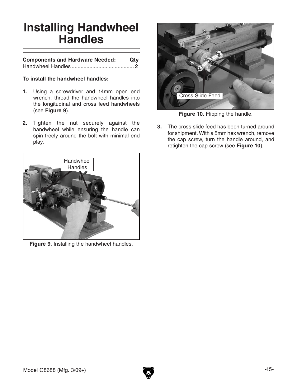 Installing handwheel handles | Grizzly G8688 User Manual | Page 17 / 48
