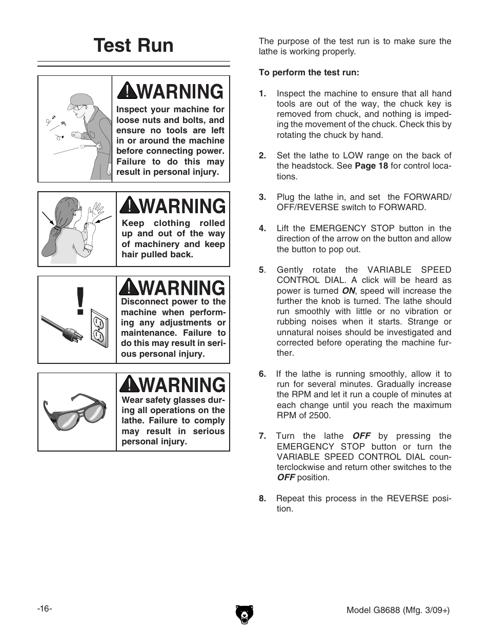 Test run | Grizzly G8688 User Manual | Page 18 / 48