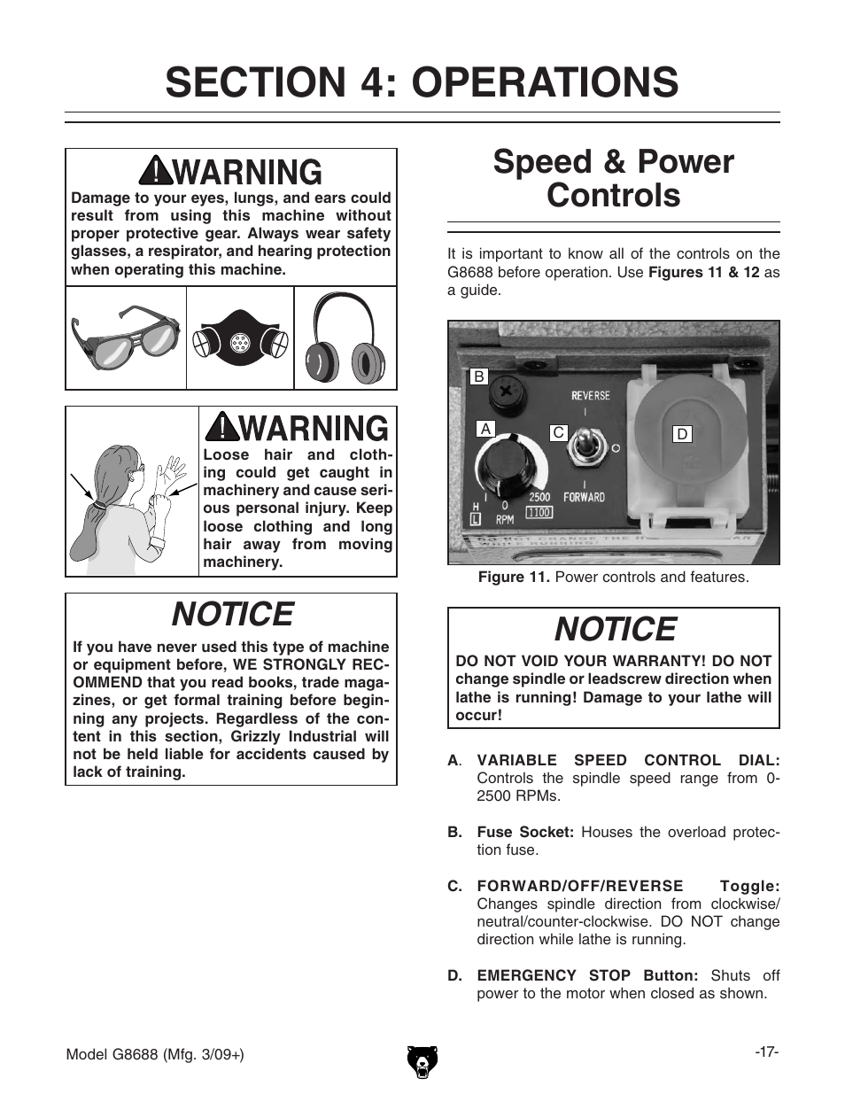 Section 4: operations, Speed & power controls, Notice | Grizzly G8688 User Manual | Page 19 / 48