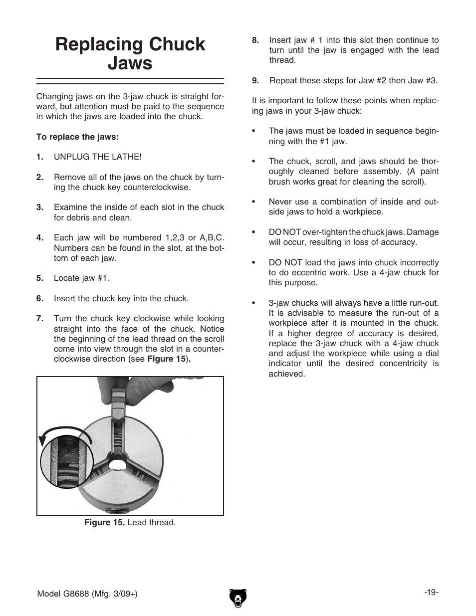 Replacing chuck jaws | Grizzly G8688 User Manual | Page 21 / 48