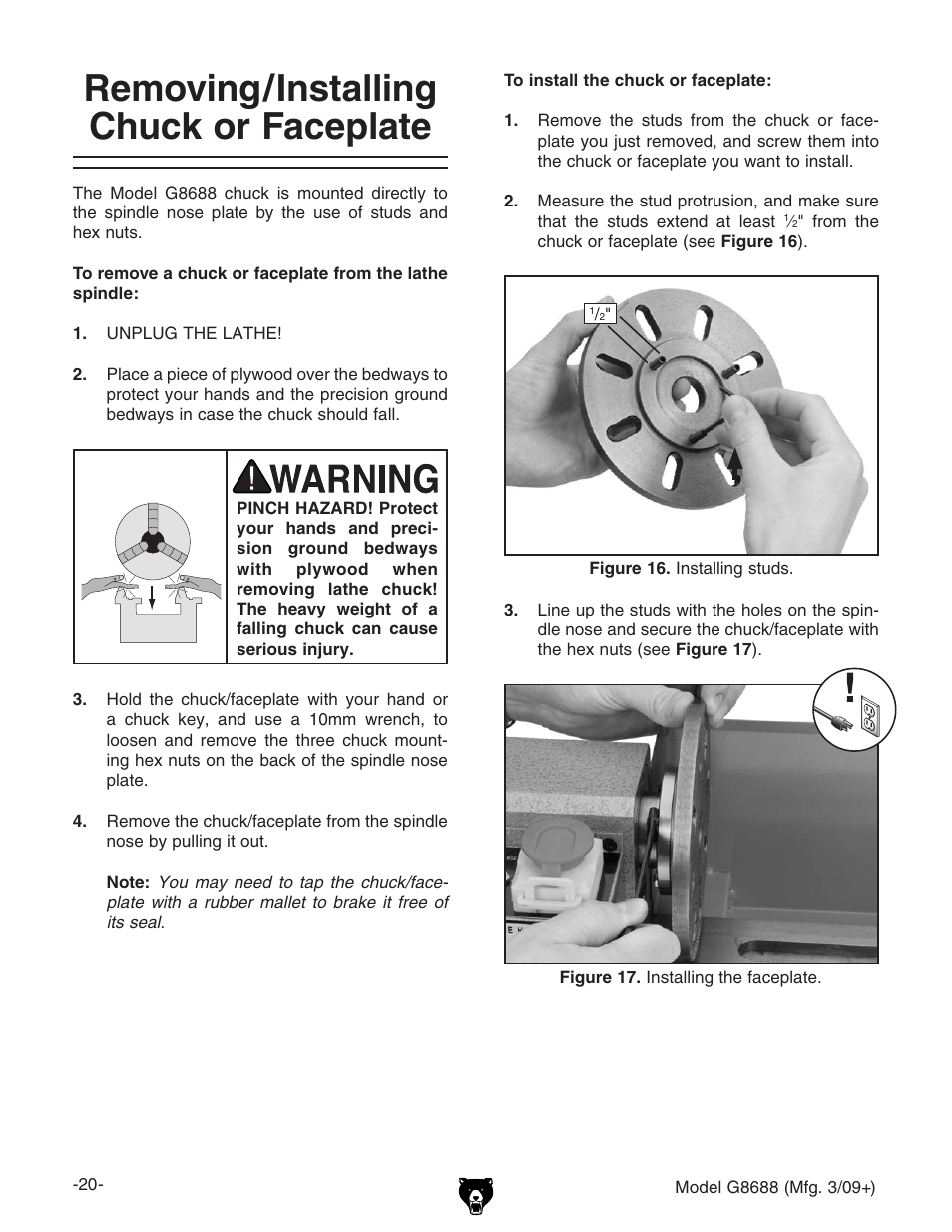 Removing/installing chuck or faceplate | Grizzly G8688 User Manual | Page 22 / 48