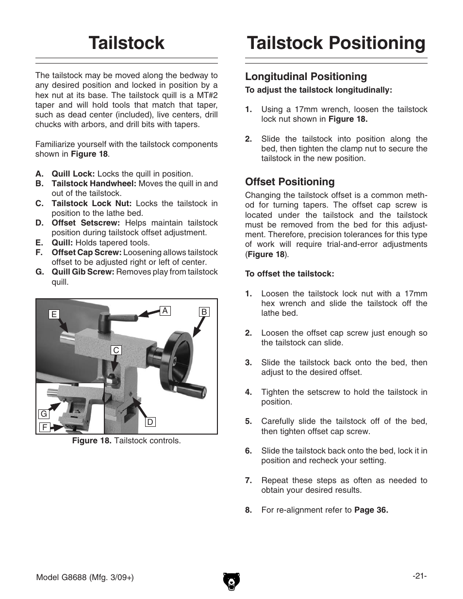 Tailstock tailstock positioning, Tailstock, Tailstock positioning | Grizzly G8688 User Manual | Page 23 / 48