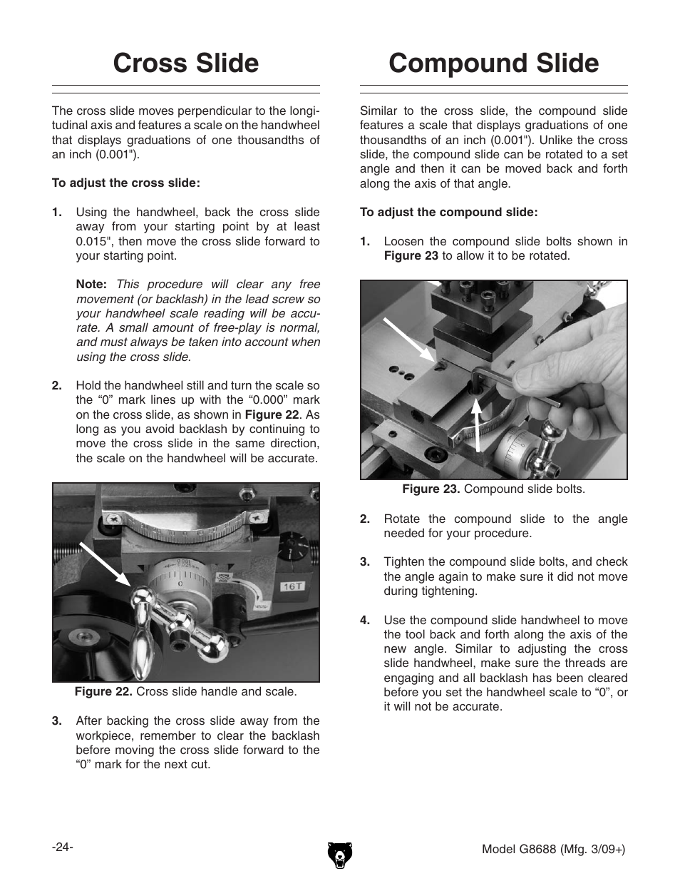 Cross slide compound slide, Compound slide cross slide | Grizzly G8688 User Manual | Page 26 / 48