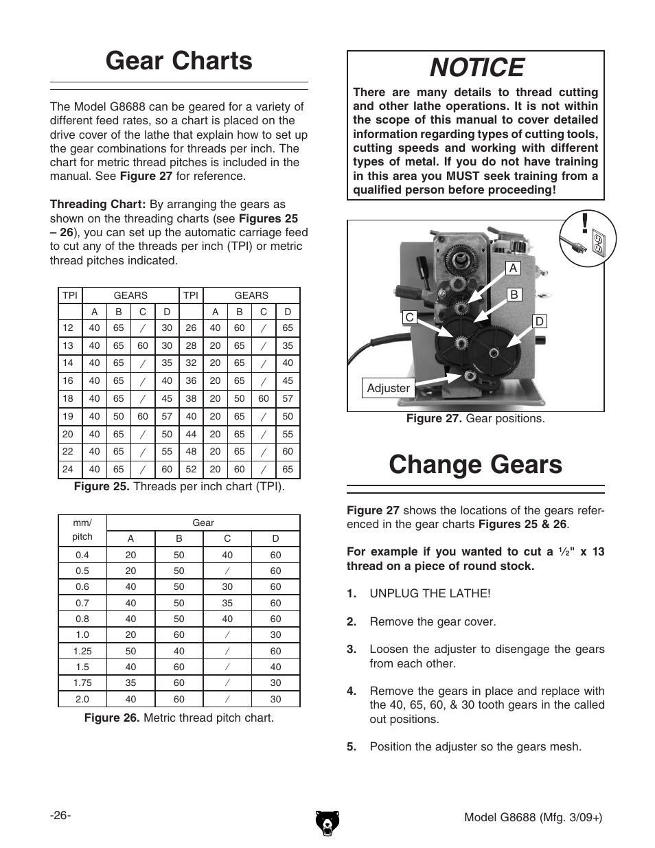 Gear charts change gears, Gear charts, Notice | Change gears | Grizzly G8688 User Manual | Page 28 / 48