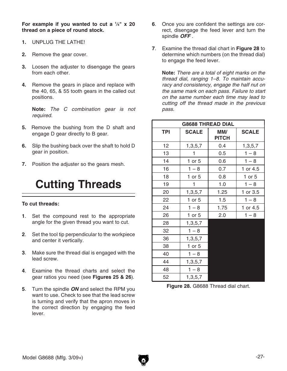 Cutting threads | Grizzly G8688 User Manual | Page 29 / 48