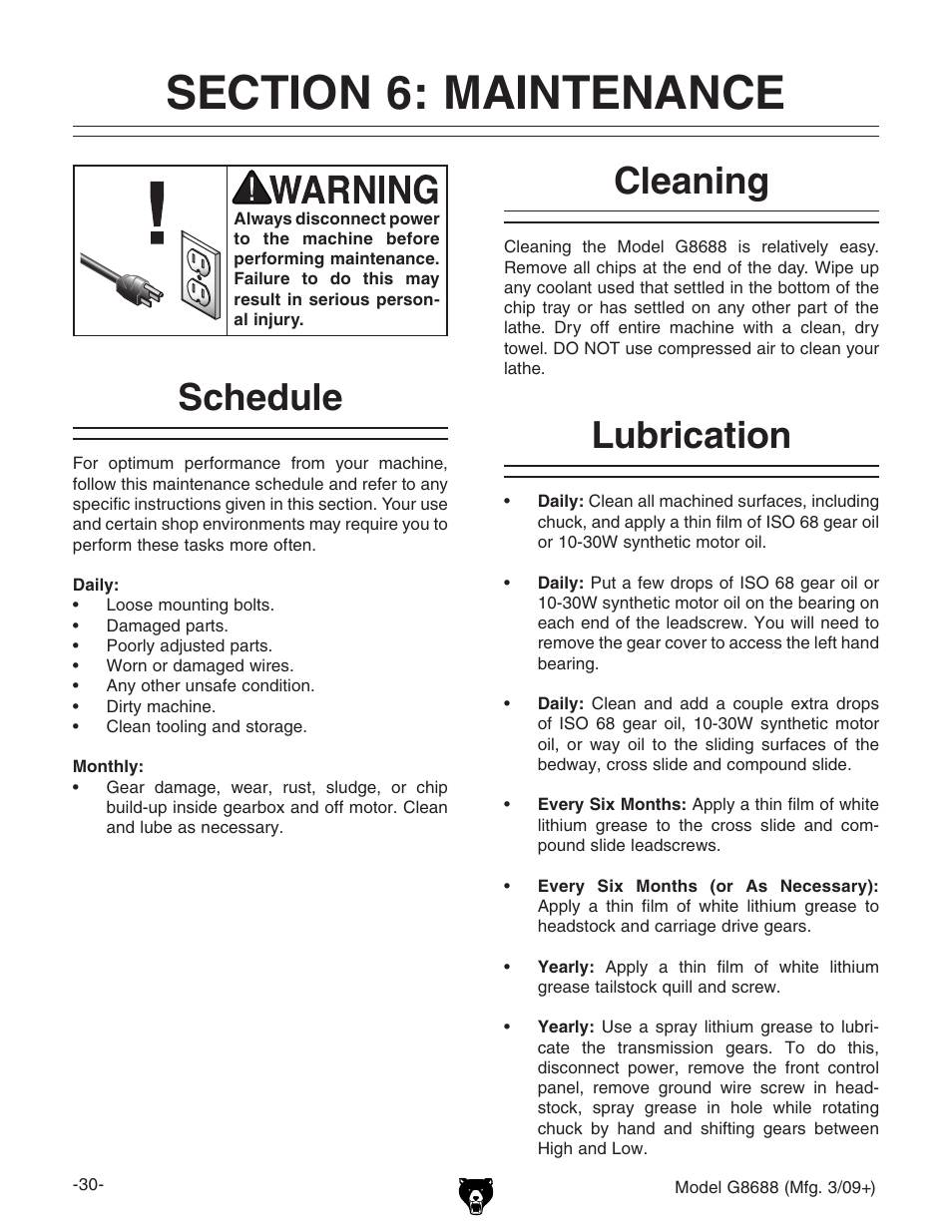 Section 6: maintenance, Schedule cleaning lubrication, Lubrication | Cleaning, Schedule | Grizzly G8688 User Manual | Page 32 / 48