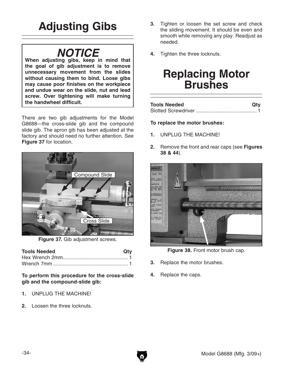 Adjusting gibs replacing motor brushes, Replacing motor brushes, Adjusting gibs | Notice | Grizzly G8688 User Manual | Page 36 / 48