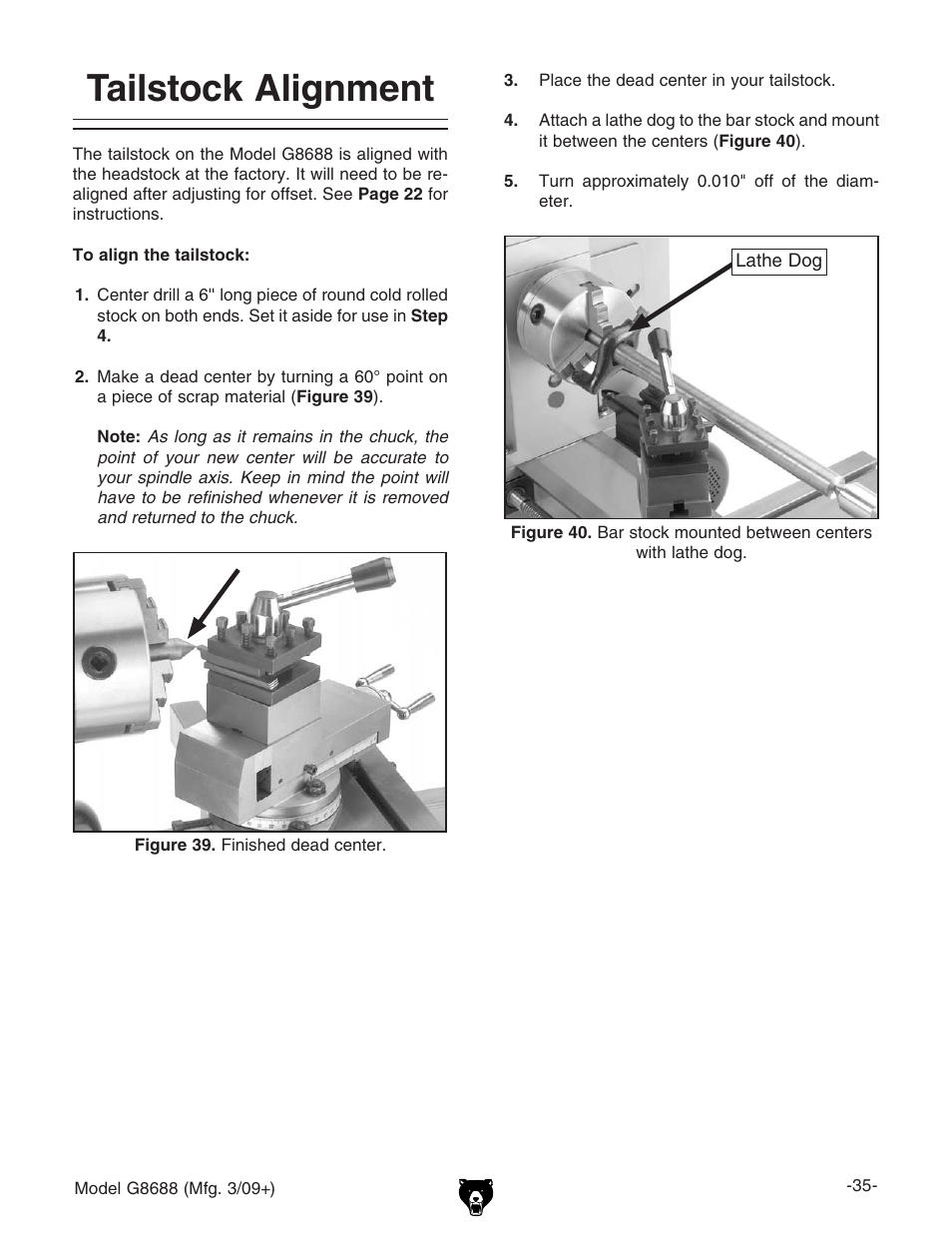 Tailstock alignment | Grizzly G8688 User Manual | Page 37 / 48