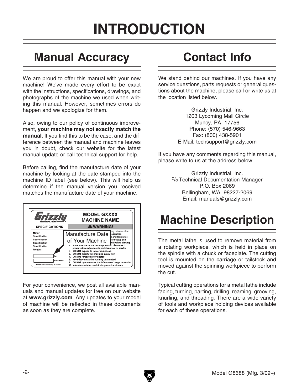 Introduction, Manual accuracy contact info machine description, Contact info machine description manual accuracy | Grizzly G8688 User Manual | Page 4 / 48