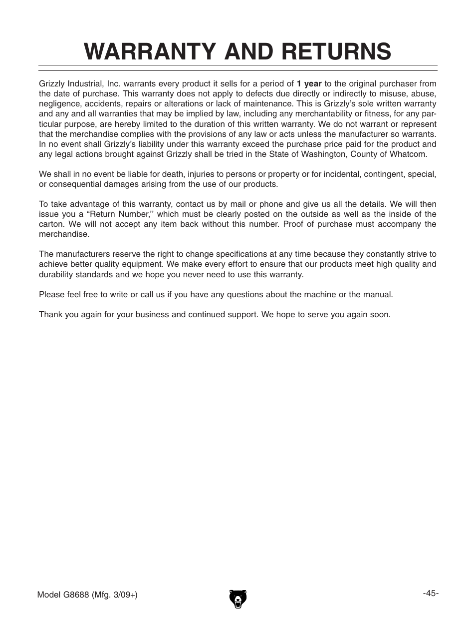 Warranty and returns | Grizzly G8688 User Manual | Page 47 / 48