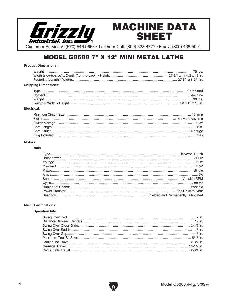 Machine data sheet | Grizzly G8688 User Manual | Page 6 / 48