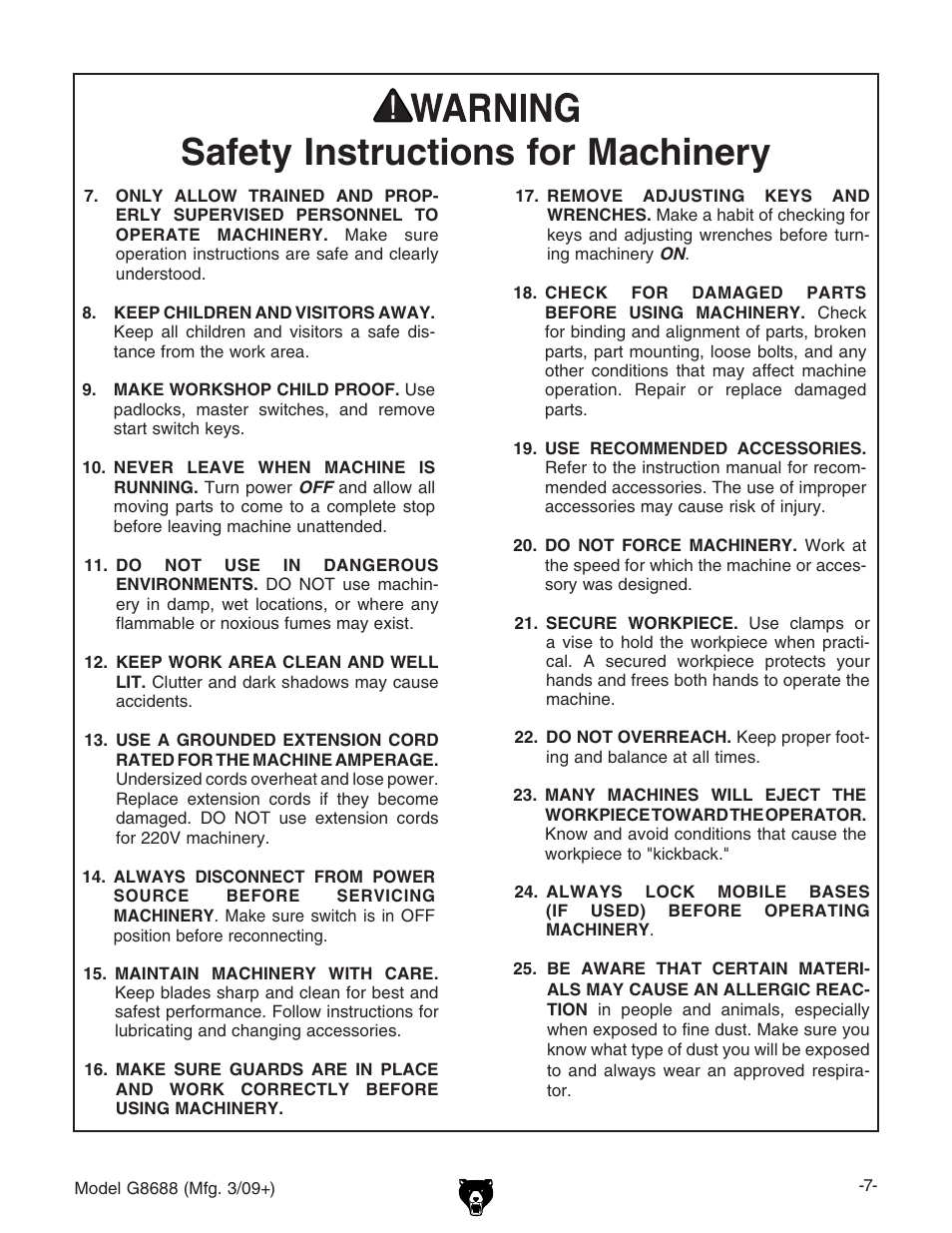 Safety instructions for machinery | Grizzly G8688 User Manual | Page 9 / 48