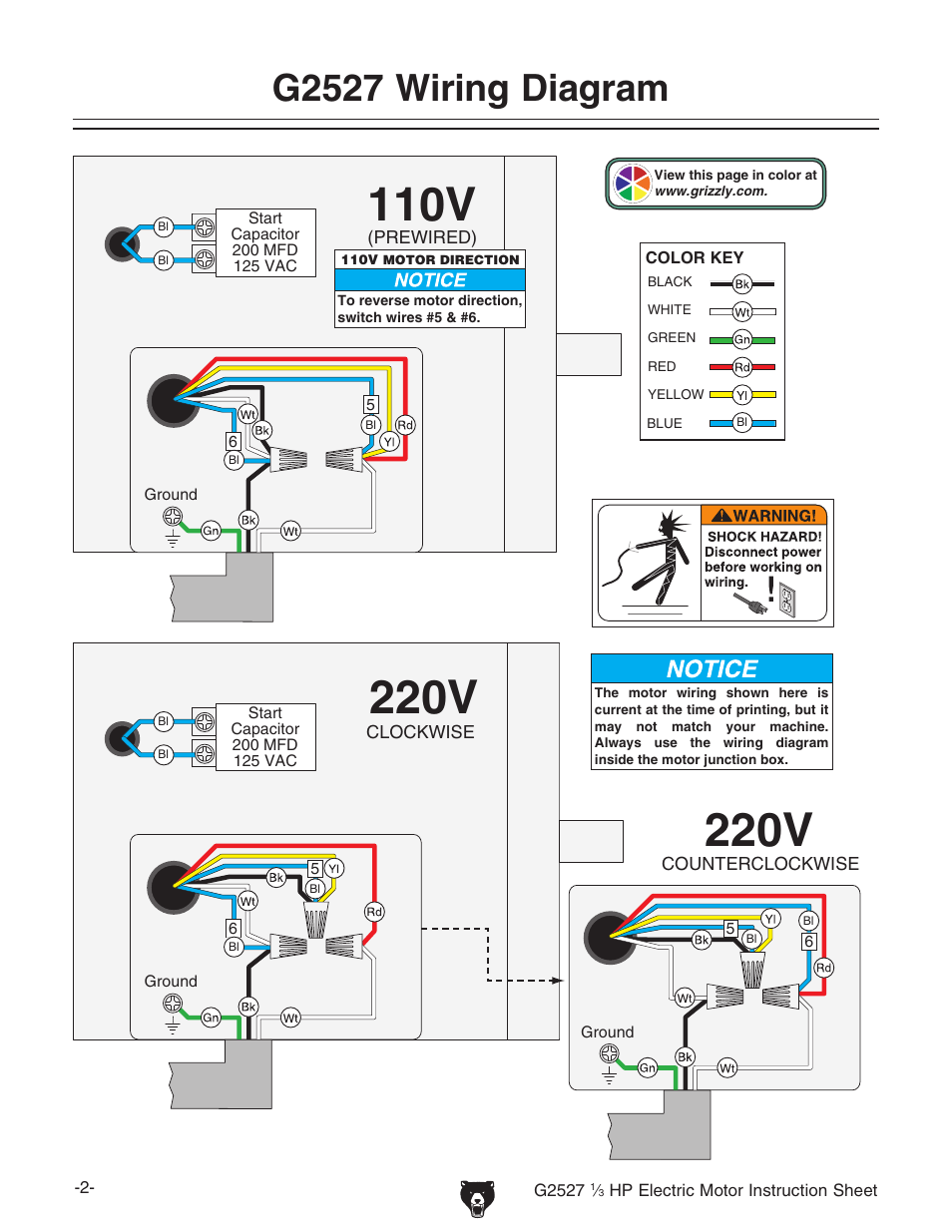 G2527 wiring diagram | Grizzly Electric Motor G2527 User Manual | Page 2 / 2