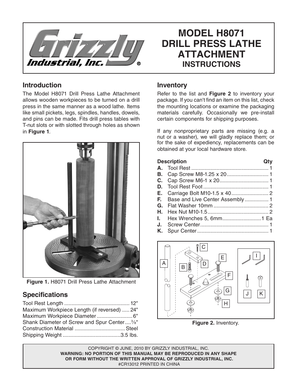 Grizzly H8071 User Manual | 4 pages