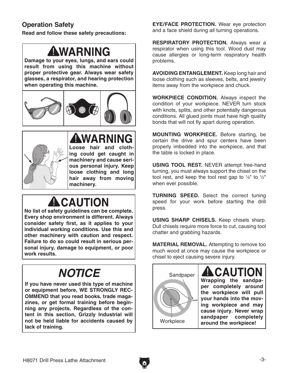 Notice, Operation safety | Grizzly H8071 User Manual | Page 3 / 4