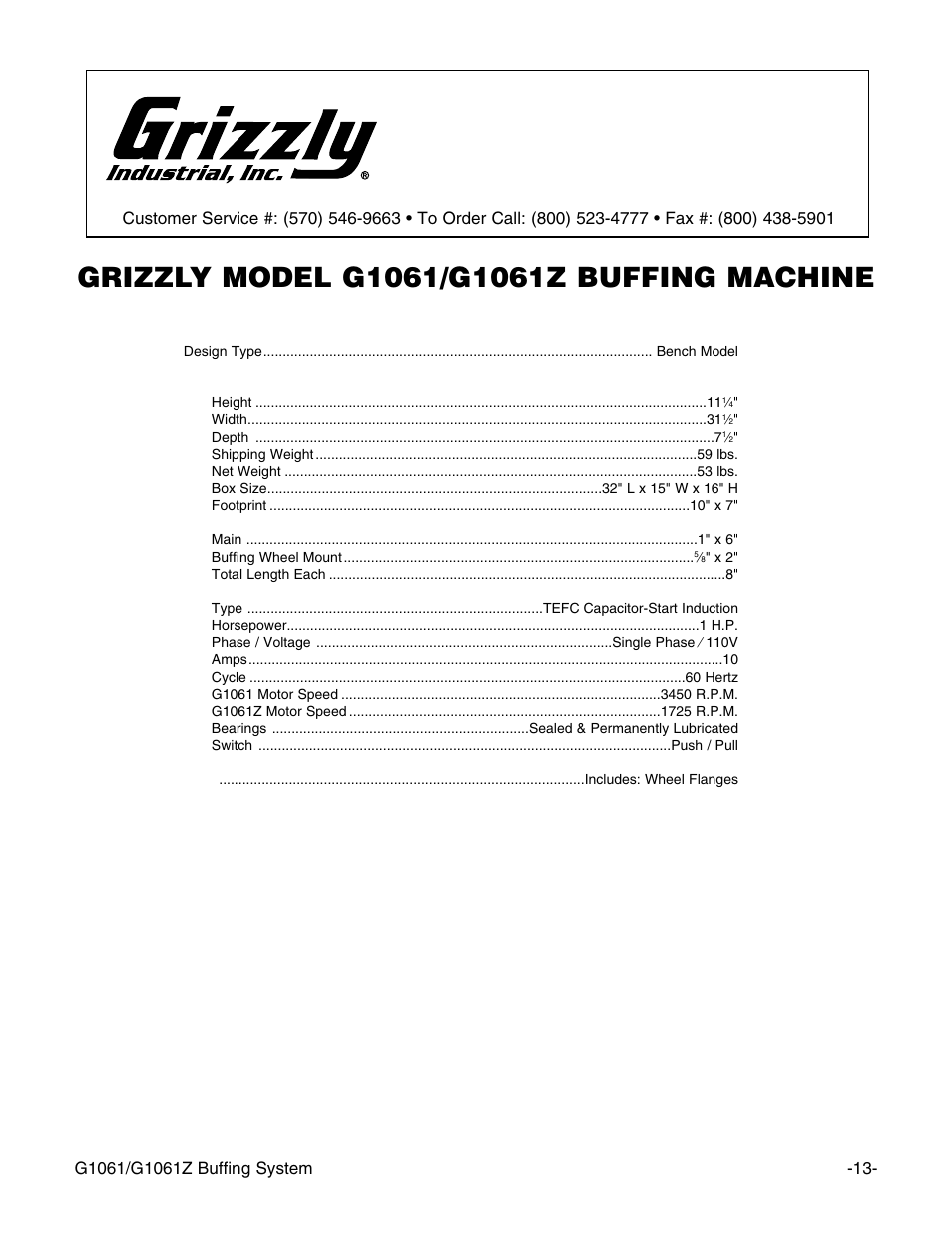 Machine data sheet | Grizzly Buffing System G1061 User Manual | Page 15 / 20