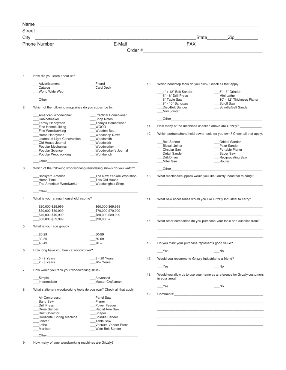 Warranty card | Grizzly Buffing System G1061 User Manual | Page 19 / 20