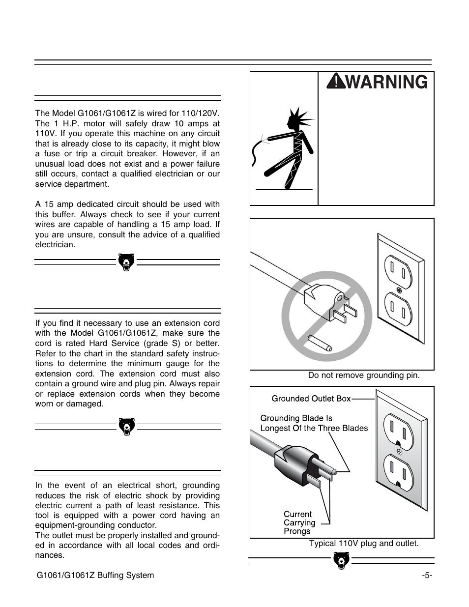 110v operation, Extension cords grounding | Grizzly Buffing System G1061 User Manual | Page 7 / 20