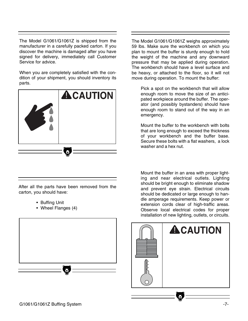Unpacking piece inventory notice, Mounting | Grizzly Buffing System G1061 User Manual | Page 9 / 20