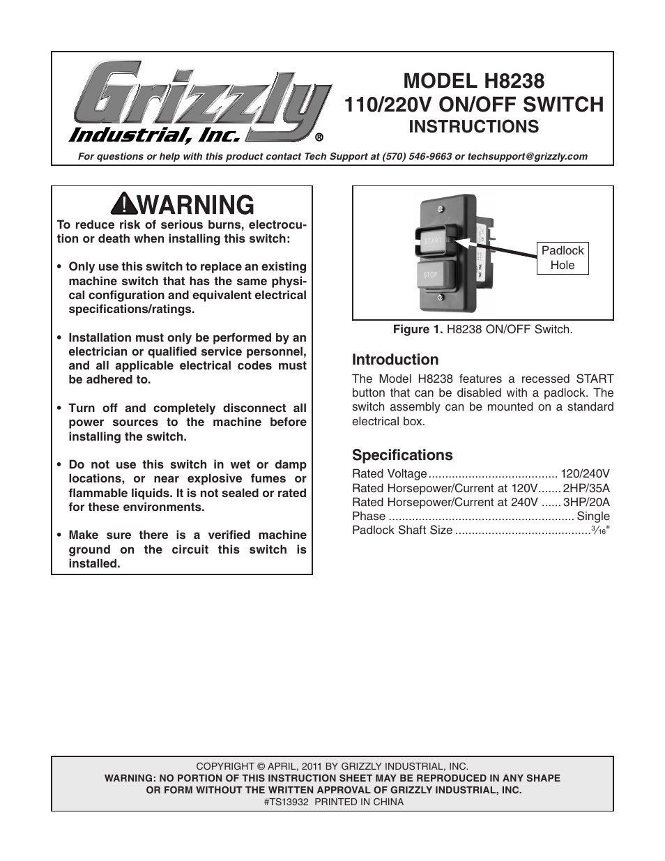 Grizzly H8238 User Manual | 2 pages