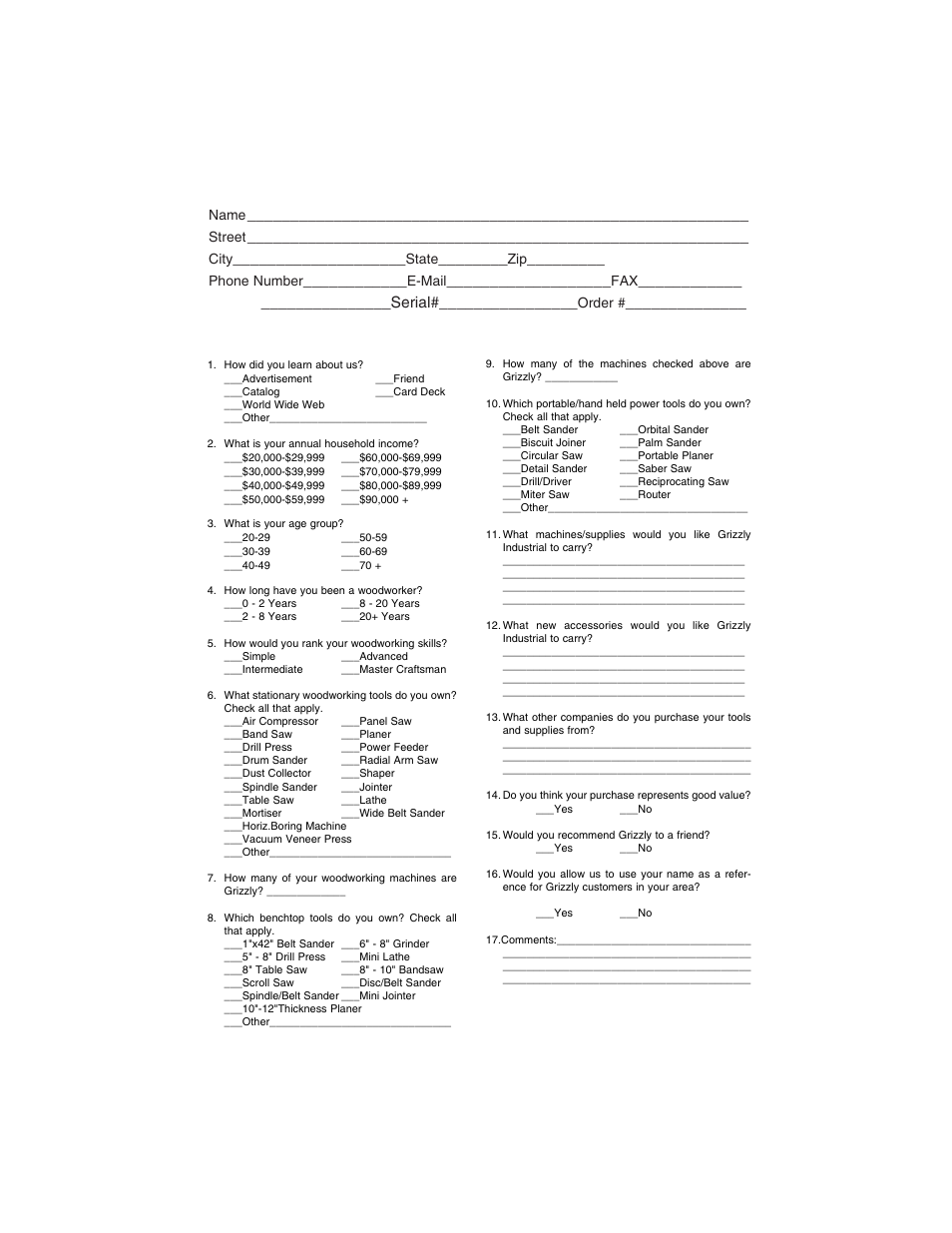 Warranty card, Serial | Grizzly H3370/H3371 User Manual | Page 27 / 28