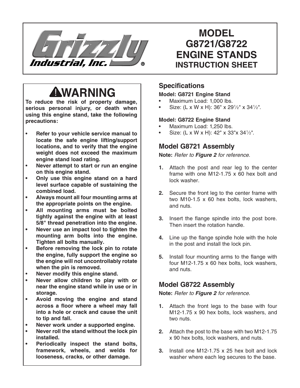 Grizzly Engine Stands G8721/G8722 User Manual | 2 pages