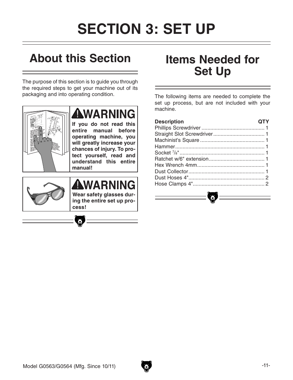 Items needed for set up | Grizzly Oscillating Edge s G0563 User Manual | Page 13 / 52