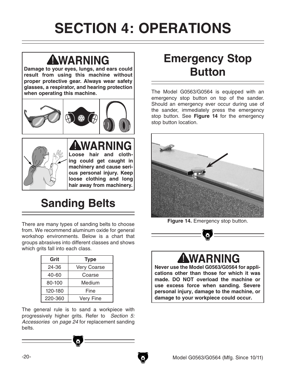 Sanding belts, Emergency stop button | Grizzly Oscillating Edge s G0563 User Manual | Page 22 / 52