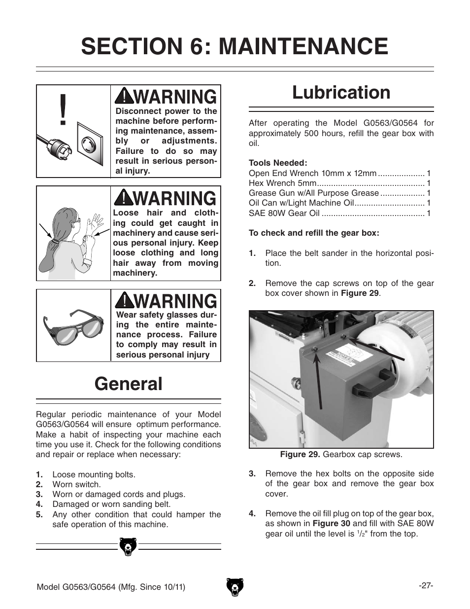 Lubrication general | Grizzly Oscillating Edge s G0563 User Manual | Page 29 / 52