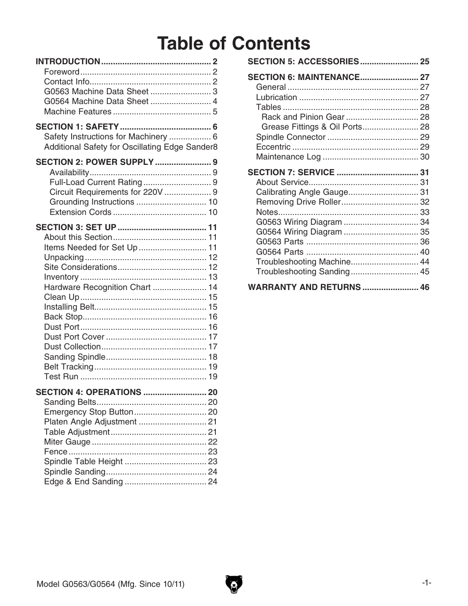 Grizzly Oscillating Edge s G0563 User Manual | Page 3 / 52