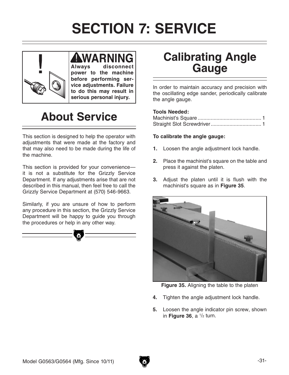 Calibrating angle gauge, About service | Grizzly Oscillating Edge s G0563 User Manual | Page 33 / 52